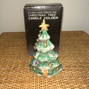 Vintage Jade Porcelain Christmas Tree Candle Holder Green Holiday Original Box